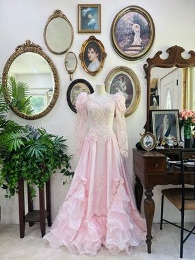 Vintage Pink Lace Ruffle Formal Gown